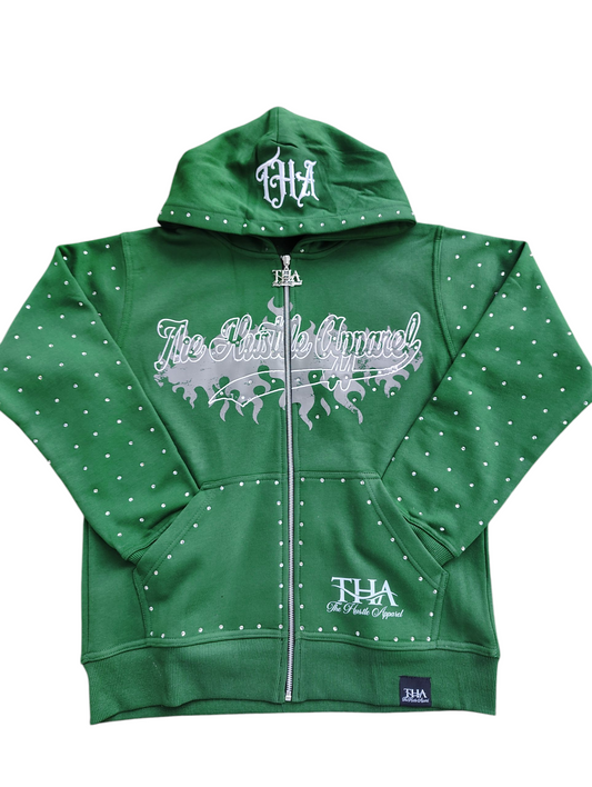 Green Rhinestone Hoodie - The Hustle Apparel 
