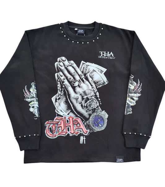 Praying Hands Long Sleeve - Inspirational Collection 400 GSM 100% Cotton Fleece - The Hustle Apparel 