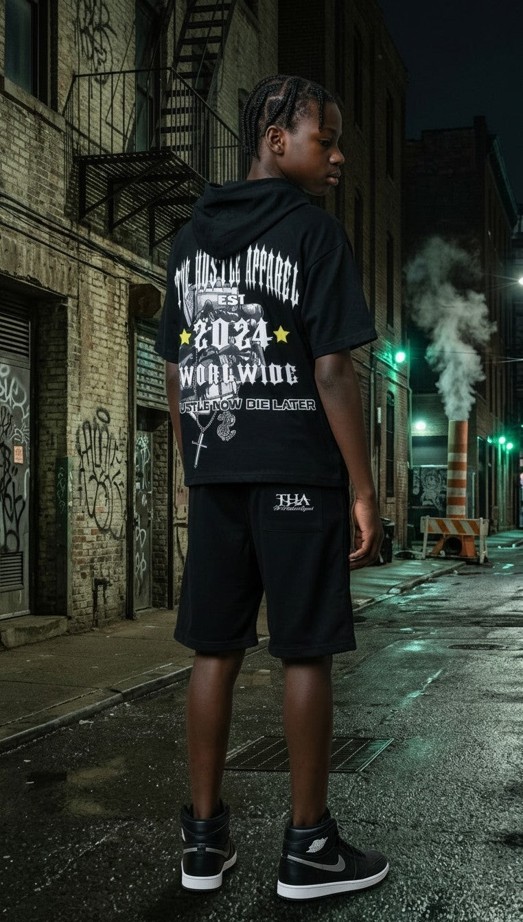 Men Black Hooded Short Sets
