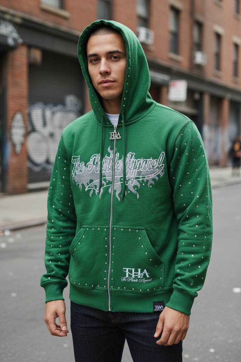 Green Rhinestone Hoodie - The Hustle Apparel 