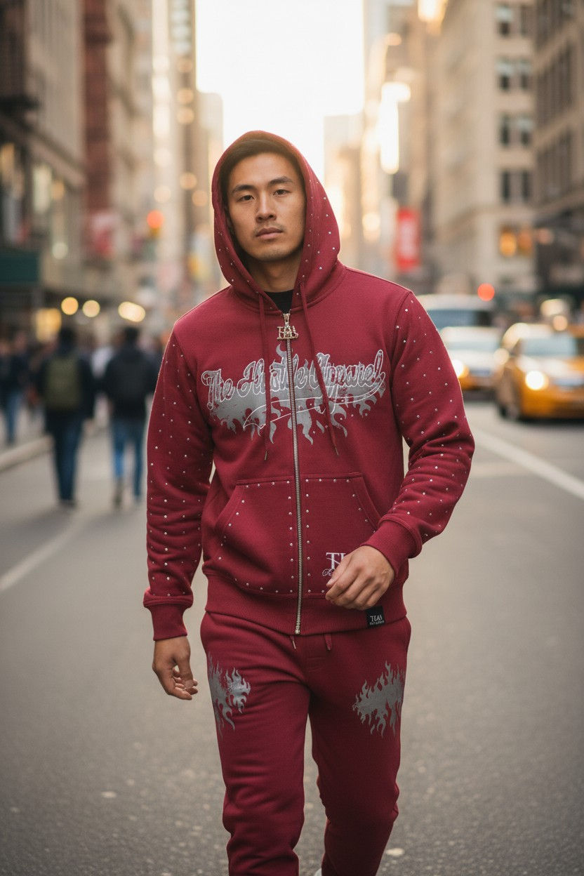 Burgundy Rhinestone Hoodie - The Hustle Apparel 