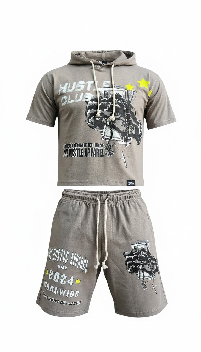 Men Grey Hooded Short Sets