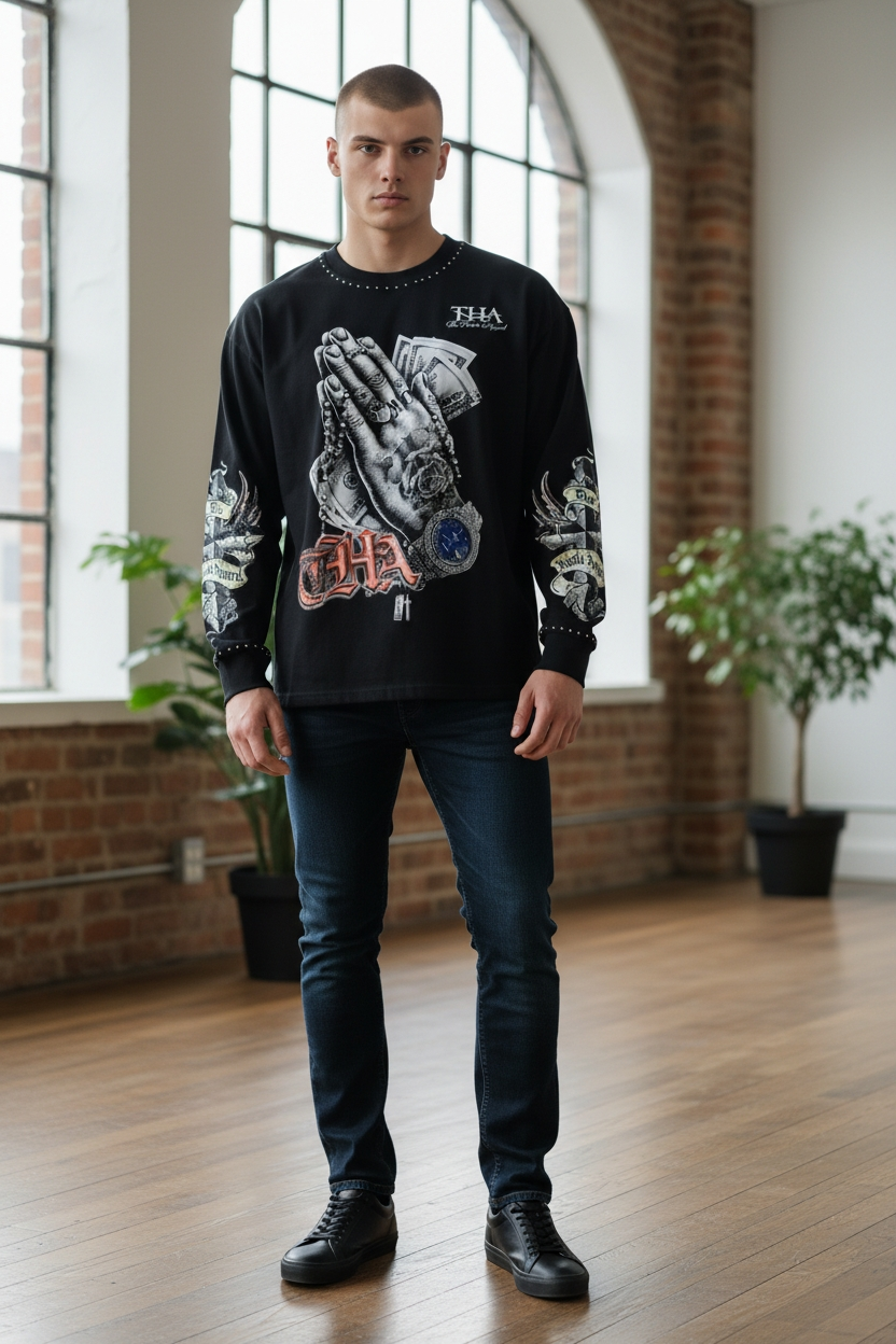 Praying Hands Long Sleeve - Inspirational Collection 400 GSM 100% Cotton Fleece - The Hustle Apparel 