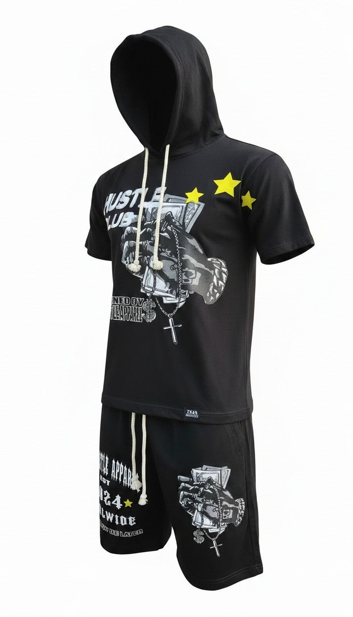 Men Black Hooded Short Sets