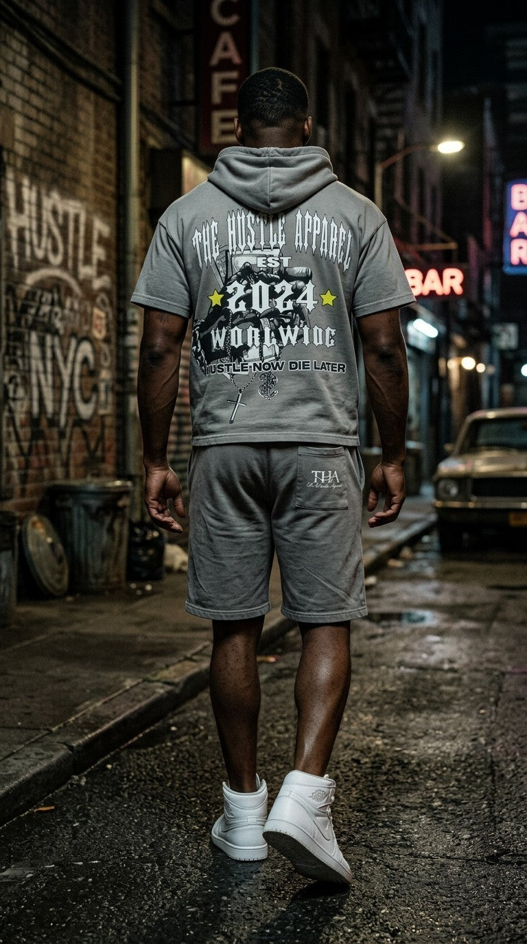 Men Grey Hooded Short Sets