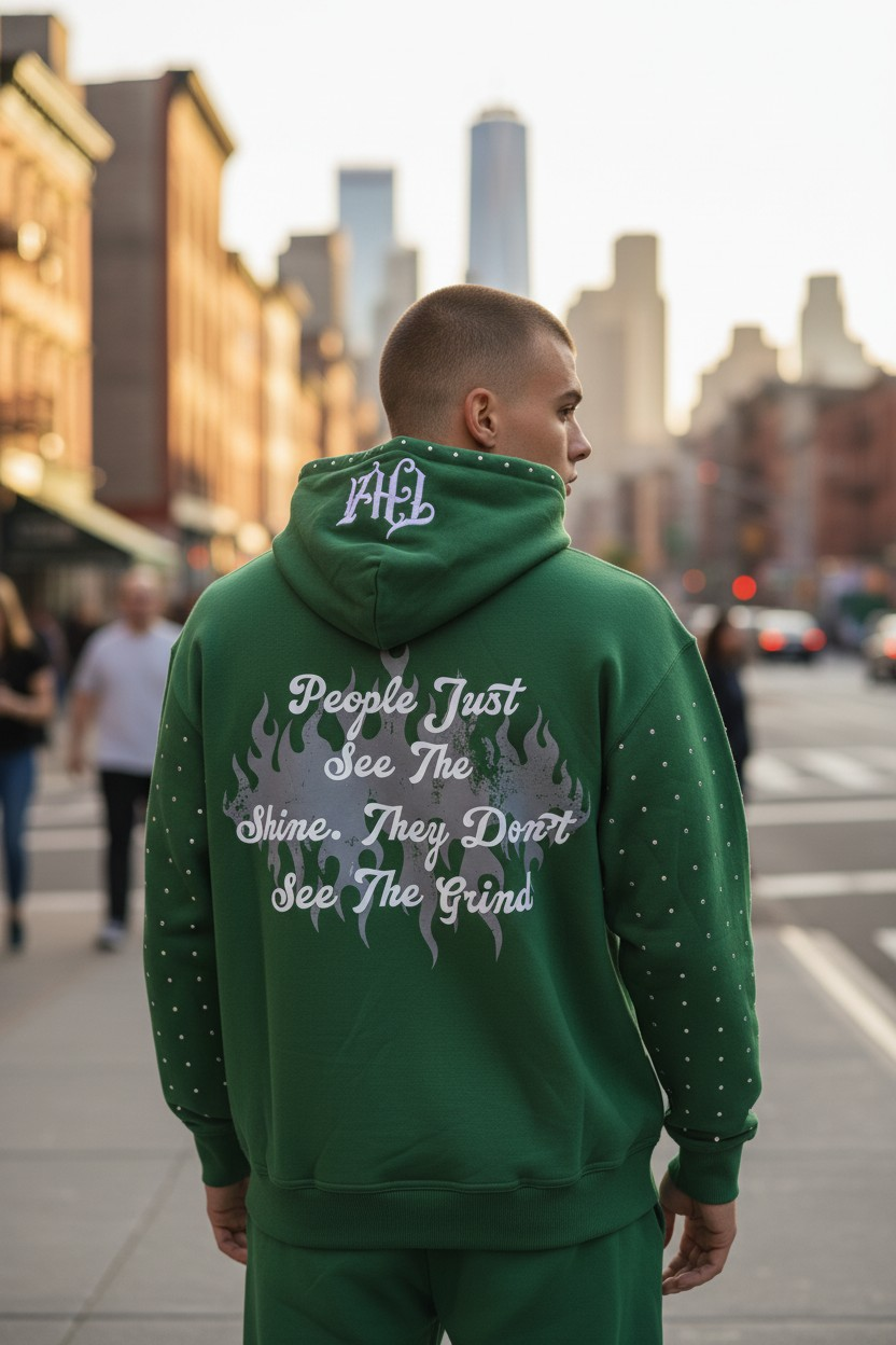 Green Rhinestone Hoodie - The Hustle Apparel 
